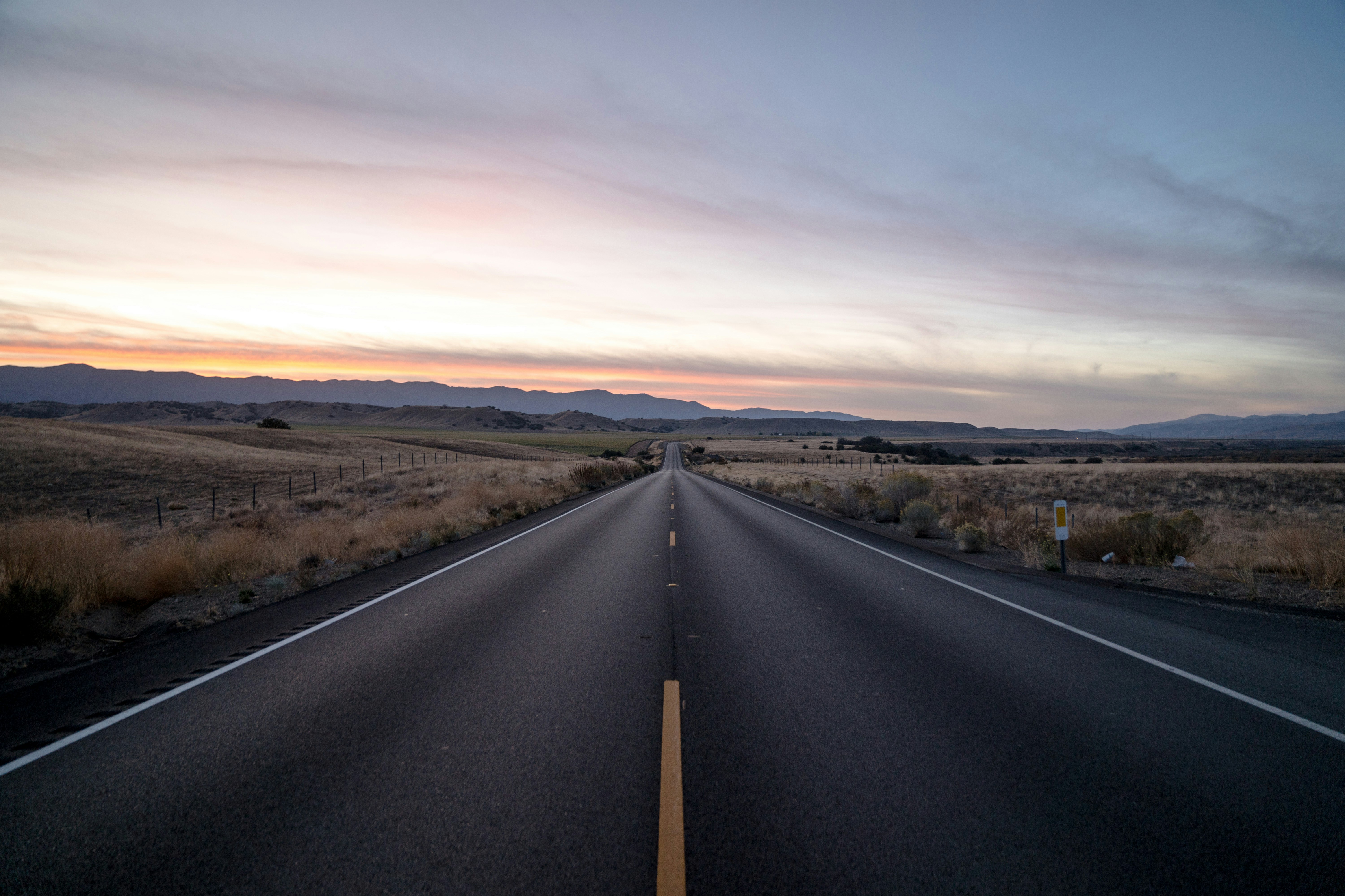 Sunset over the hills of Central California at the start of a long road trip.